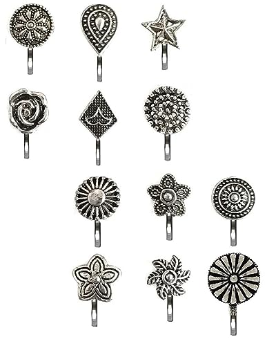 VAMA Fashions Non Piercing Traditional Indian Nosepin Pressing Type Clip On Oxidized Black Silver Nose Ring Pin Stud For Women (1.5cm, Black Metal Silver)