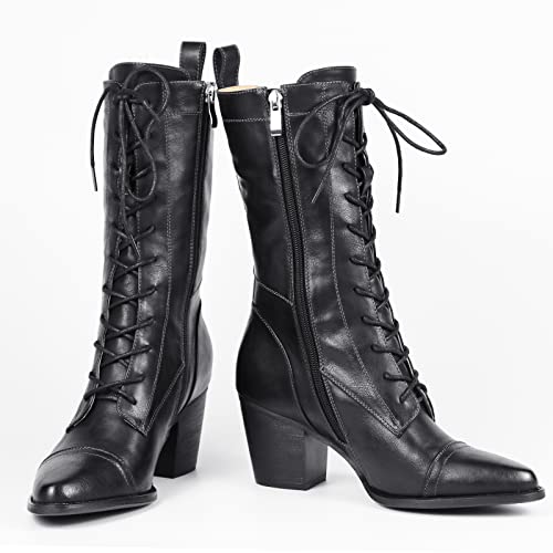 UTIKLIOU Women's Mid Calf Boots Lace up Combat Boots Leather Side Zipper Winter Boots Faux Fur Lining3