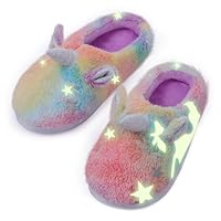ACTLATI Kids Girls Rainbow Fuzzy Slippers Unicorn Star Glow in the Dark Plush Fleece Warm Indoor House Slippers with Anti Slip Soles