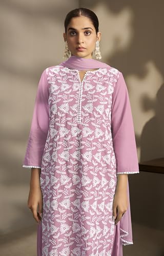 Image of DRESOUL Women Pure Cotton Schiffli Embroidered Kurta Set and Dupatta