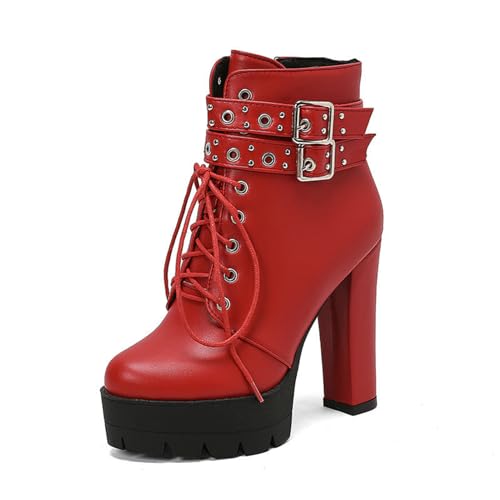 JMdfcqer Mode Bottines à Talons Hauts pour Femme Fermeture Éclair Plateforme Bottes avec Clous et Boucle à Bretelles,Rouge,38 EU