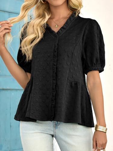 Cicy Bell Womens Peplum Puff Sleeve Tops Dressy Casual Summer Textured Blouses V Neck Ruffle Pleated Shirts2