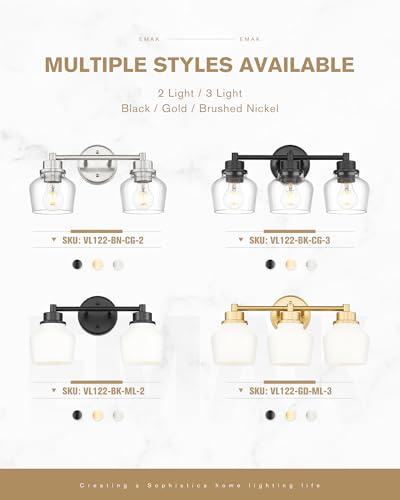 Image of Emak 3-Light Bathroom Vanity Lights Over Mirror, Modern Bathroom Light Fixtures with Clear Glass Shade, Black Vanity Light for Bath, Makeup Desk, Mirror, VL122-BK-CG-3