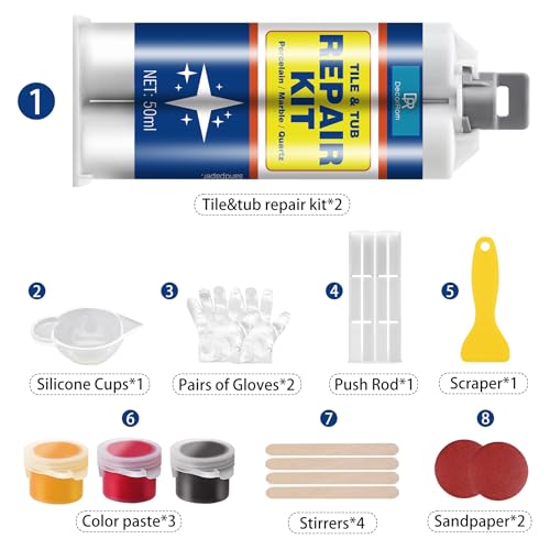 Tile Repair Kit, Shower Tray, Porcelain & Ceramic Sink Repair Kit, Fast-Drying for Chips Cracks, Dents in Bathtub, Granite - Image 2