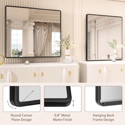 New Upgrade Bathroom Mirror, 40X36 Inch Black Metal Frame Wall Mounted Rounded Rectangle Bathroom Vanity Mirror with Tempered Glass for Washroom Bedroom Living Room