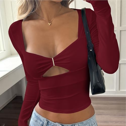 Top court sexy à manches longues bordeaux, crop top slim uni à découpes pour l'automne taille M