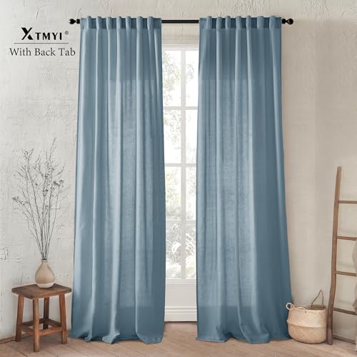 Image of XTMYI Stone Blue Curtains 90 Inches Long for Living Room,Light Filtering Country Vintage Hooks Pleated Back Tab Semi Sheer Linen Curtains for Bedroom 2 Panels Set,Dusty Blue