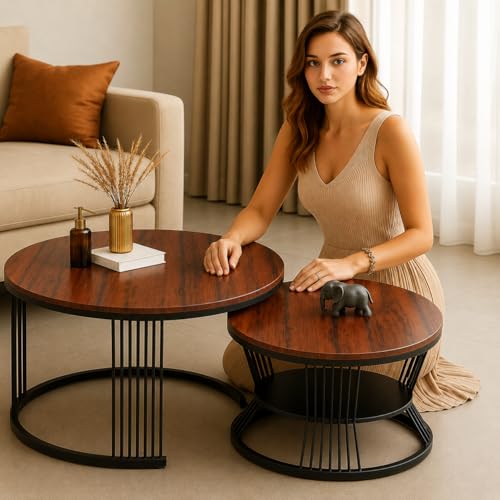Image of Brown Art SHOPPEE Round Coffee Table Home Decor Furniture Coffee Table Sets,2 Piece MDF Top,Stacking Nesting Table with Iron Frame for Living Room Living Room or Lounge (Black Brown)