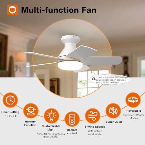 Image of addlon Ceiling Fans with Lights, 32inch Low Profile Ceiling Fan with Light and Remote Control, Flush Mount, Reversible, 3CCT, Dimmable, Quiet, White Small Ceiling Fan for Bedroom Indoor /Outdoor Use