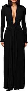 Women's Sexy Deep V Neck Maxi Dress Long Sleeve Tie Wedding Guest Cocktail Evening Dresses