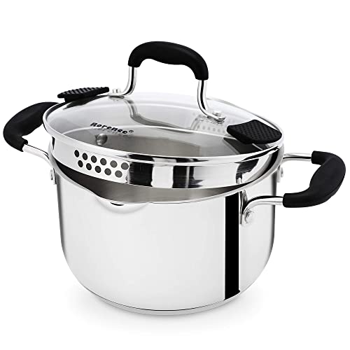 Rorence Stainless Steel Stock Pot with Pour Spout & Silicone Handles & Glass Lid with Strainer...