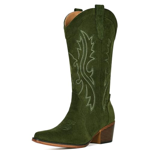 Image of IUV Cowboy Boots For Women Western Cowgirl Boots Mid Calf Snip Toe | Chunky Heel Ideal for low insteps