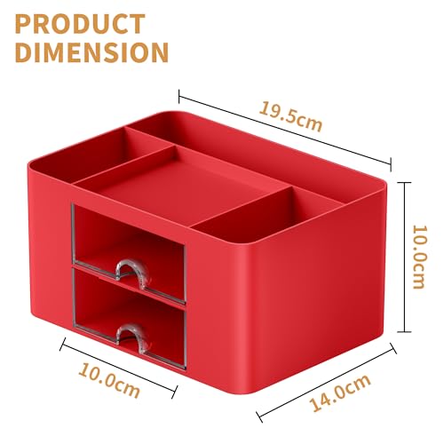 Image of Marbrasse Pen Organizer with 2 Drawer, Multi-Functional Pencil Holder for Desk, Desk Organizers and Accessories with 5 Compartments + Drawer for Office Art Supplies (Red)