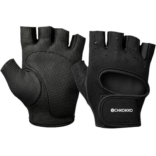 Image of CHKOKKO Gym Gloves for Men and Women Neoprene Adjustable Wrist Support | Fingerless Anti Slip Grip Texture for Weighlifting, Exercise, Pull ups or Cycling