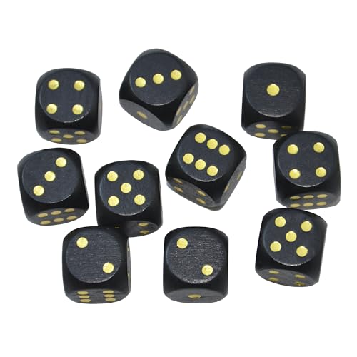 StarMall Set of 10 16MM Six Sided D6 Round Wooden Dice Set (Black)