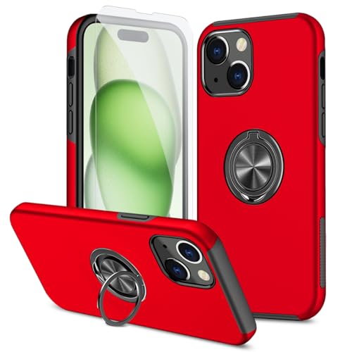 JSCOMYAP iphone15 ケース用, アイフォン15 スマホケース + iPhone 15 强化 ガラス フィルム リング付き スタンド機能 携帯ケース 耐衝撃 衝撃 スマホカバー Case Cover iPhone15ケース いphone15 いpほね15 i15 ケース 背面 カバー メンズ 6.1インチ（赤）