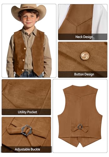 Image of Retro Boys Western Cowboy Vest for Kids Leather Suede Waistcoat | vintage dress vests, welt pockets, v-neck, adjustable waist, formal slim fit, wedding outfit, farm christmas birthday prom