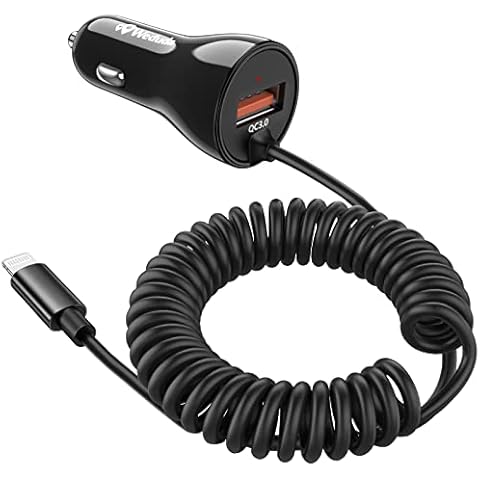 iPhone Car Charger [Apple MFi Certified], Weduda QC 3.0 USB Car Cigarette Lighter Charger with Built-in Coiled Lightning Cable for Apple iPhone 14/13/12/11/XS/XR/X/8/7/6, iPad & Extra USB Port Cover