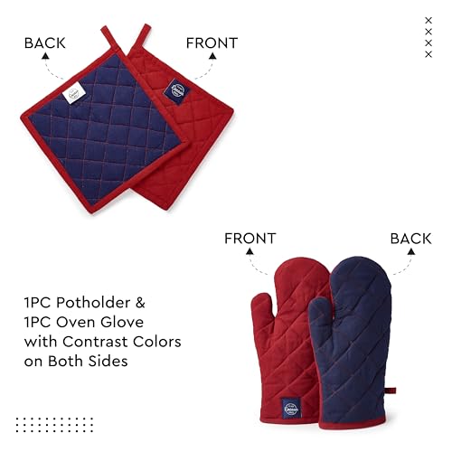 Image of Encasa XO 100% Cotton Apron Set for Women & Men with Adjustable Apron, Oven Gloves & Pot Holder (Pack of 3) Combo, Heat-Resistant, Soft & Durable for Cooking, Baking & Grilling (Red)