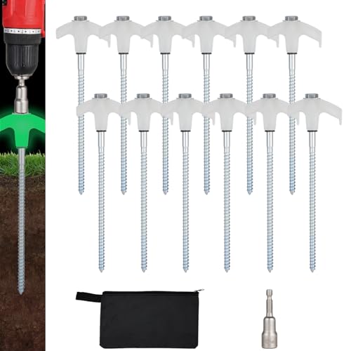 12 Pack Screw in Tent Stakes Heavy Duty,8 Inch Ground Anchors Screw in,Metal Stakes with Hex Head Driver,Camping Tent Accessories.(Luminous White)