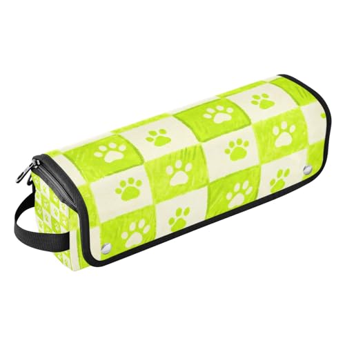 Estuche de viaje para herramientas de cabello Hot Hair Tools con tapete resistente al calor, doble capa, para planchas, rizadores y secadores, Beige y verde neón con estampado de patas de perro miniatura 1