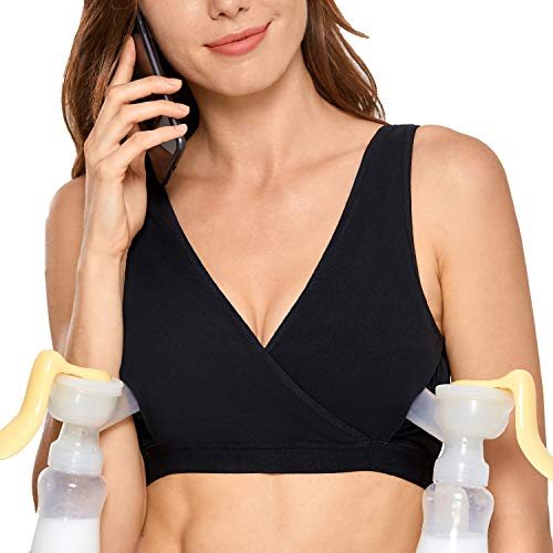 Gratlin Women's Cotton Hands Free Pumping Nursing Bras for Breastfeeding Black Large - (38D, 38DD, 40B, 40C)
