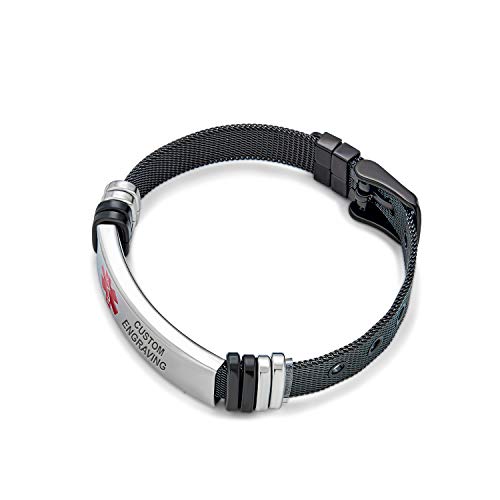 Bracelet d'identification médicale ajustable en acier noir avec plaque gravée