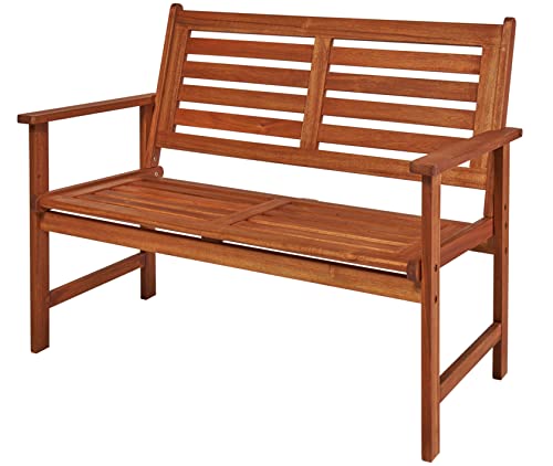 KHG Gartenbank mit Armlehnen aus geöltem Akazien-Holz für 2-3 Personen, Parkbank Massivholz, wetterfest, Outdoor, 2 Sitzer, 240 kg belastbar, Dunkelbraun