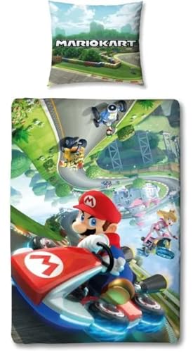 Mario Kart, Parure de Lit Enfant Gaming, Lit 1 Place, Housse de Couette Réversible 140x200 cm avec Taie d'oreiller 63x63 cm, Thème Gamer, Certifié Oeko TEX