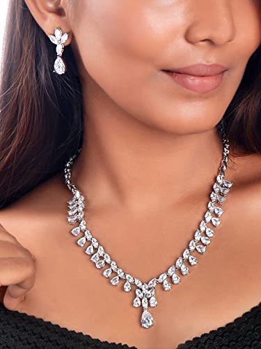 Image of Yellow Chimes Jewellery Set for Women Rhodium Plated Cubic Zircon Silver Necklace with Earring Set Floral Design Classic CZ Stoned Jewellery Set for Women and Girls