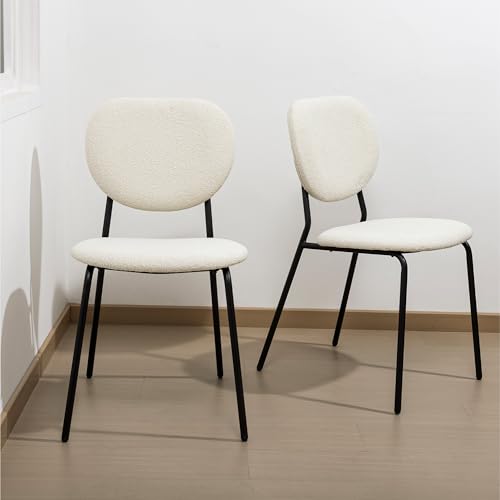 Navaris Boucle Dining Chairs, Set of 2 – Stylish & Comfy Modern Upholstered Chair Set with Metal Legs – Mid Century Design Ideal for Dining Room, Kitchen or Restaurant – White