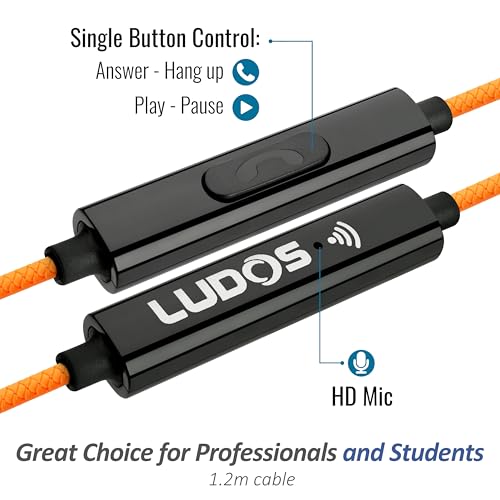 Image of LUDOS Clamor Wired Earbuds in-Ear Headphones, 5 Years Warranty, Earphones with Microphone, Noise Isolating Ear Buds, Memory Foam for iPhone, Samsung, School Students, Kids, Women, Small Ears - Orange