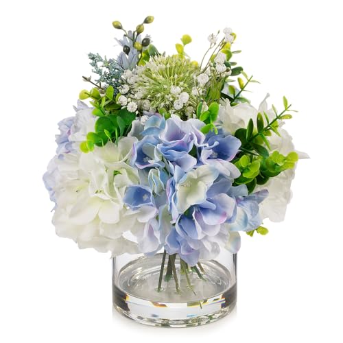 ENOVA FLORAL Artificial Hydrangea Flowers in Vase, Mixed White and Blue Silk Hydrangea in Vase with Faux Water for Dining Table Centerpieces, Home Decor Indoor (FL-159-BlueCream)