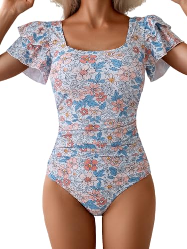 Image of Eomenie Women's Tummy Control One Piece Swimsuit Ruffle Square Neck Bathing Suit Ruched Cutout Back Slimming Swimwear