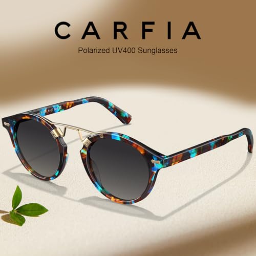 Image of CARFIA Double Bridge Small Acetate Sunglasses for Women Polarized, Retro Metal Brow Ladies Sunnies Fashion Round Eyewears