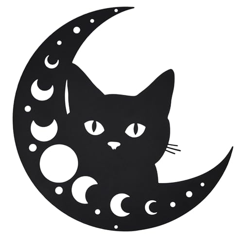 TYLCC Cat Metal Wall Art Outdoor Decor, Peeking Cat and Moon Phase Black Wall Decor, Indoor Outdoor Hanging Decoration for Living Room Bedroom Bathroom Kitchen Office Garden, Ideal Gift for Women