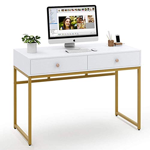 Tribesigns Computer Desk, Modern Simple 47 inch Home Office Desk Study Table Writing Desk with 2 Storage Drawers, Makeup Vanity Console Table, White and Gold