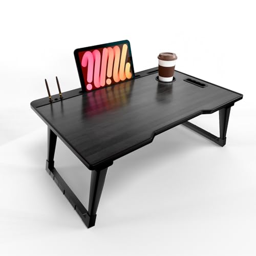 Image of Foldable Wooden Mini Laptop Table for Bed, Study Table with Drawer, Tablet /Mobile Holder for Kids & Adults (COTED Black)
