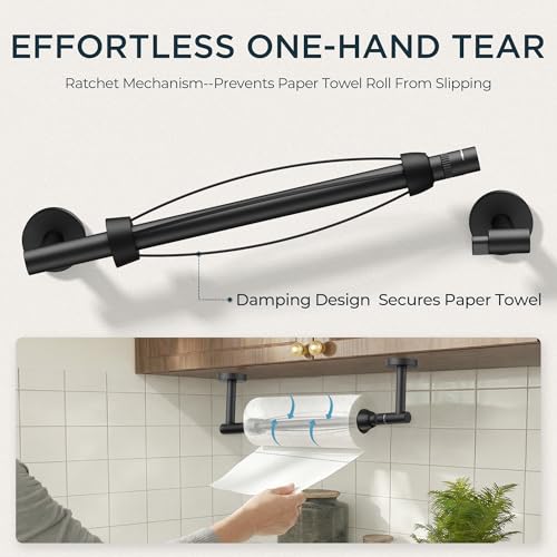 Image of FORIOUS Paper Towel Holder Under Cabinet, SUS304 Wall Mounted Only Commercial Paper Towel Holder, One-Handed Tear Hanging Paper Roll Holder with Ratchet Mechanism for Kitchen Bathroom Matte Black