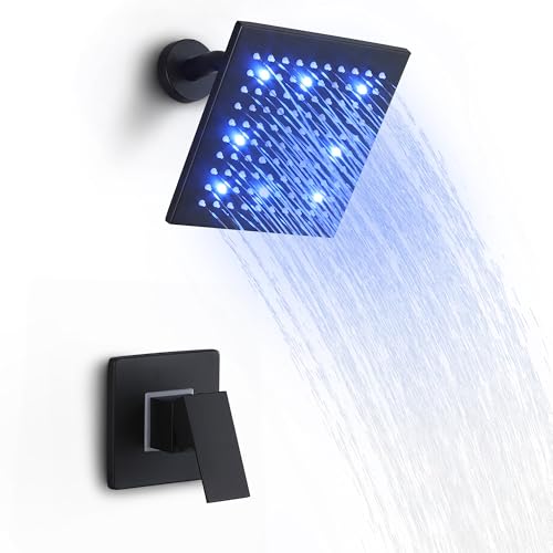 SKOWLL Juego de Grifería para Ducha Negro Mate, Montaje en Pared, Cabezal de Ducha LED de 8 Pulgadas, Kit con Válvula de Una Función miniatura 1