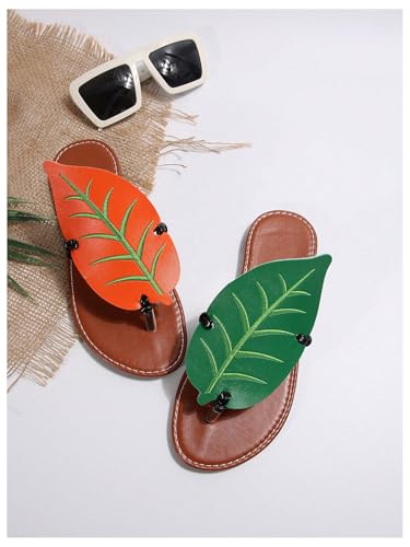 Women's Boho Leaf Appliques Thong Sandals Open Toe Outdoor Flip Flops Casual Slippers2