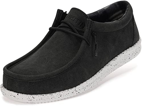 WHITIN Men's Slip on Loafers Casual Suede Recycled Leather Sox Boat Shoes Deck Sneakers Size 9 Lightweight Comfort Outdoor Winter Waterproof Warm Flat Tennis Moccasin Male Black 42