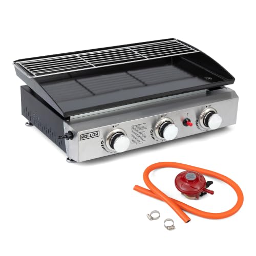 Image of 3 Burner Gas Plancha BBQ Grill, 7.5kW Portable Gas Griddle with Stainless Steel Burners, Non-Stick Cooking Plate, Piezo Ignition & Warming Tray, Outdoor Barbecue for Garden, Camping & Events, Black