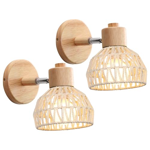 iDEGU Lot de 2 Appliques Murales Intérieures 15CM Lampe Murale Réglable en Bois et Rotin Rétro E27 Luminaire Applique Vintage pour Chambre Salon Couloir...