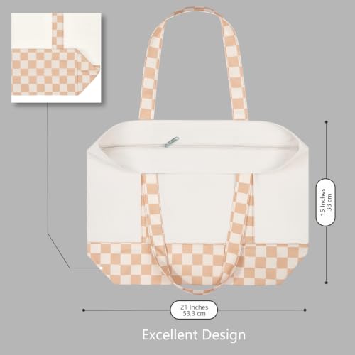 Image of TOPDesign 1-Pack Canvas Tote Bag with an External Pocket, Reusable Grocery Shopping Bag, Top Zipper Closure, Daily Essentials (Khaki Checkered /Natural)