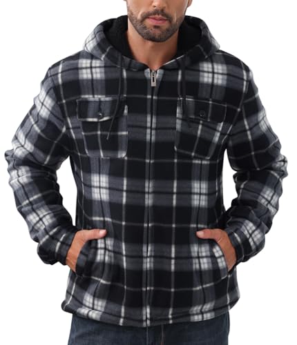 Men’s Full Zip Up Hoodie Heavyweight Sherpa Fleece Lined Hoodies Flannel Warm Winter Plaid Jacket Thick Coat with Pockets