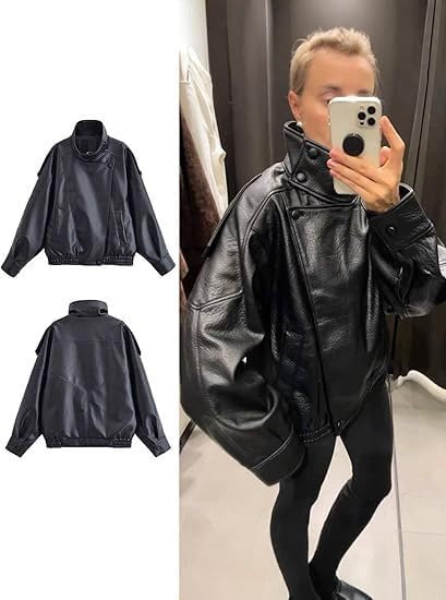 Womens Faux Leather Jacket Stand Collar Oversize Pebbled Zip Up Crop Jackets Winter Motorcycle Jacket - Image 4