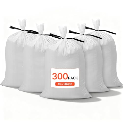 VEVOR Empty Sandbags, 300 Packs 16 x 26 in, Heavy Duty Sand Bags Sacks with Ties, 50lb Capacity Woven Polypropylene Sandbags, Tear-Resistant & UV-Resistant Sand Bags for Flood Protection Barrier