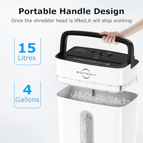 Image of Bonsen 10-Sheet Cross Cut Paper Shredder for Home Office, P-4, Portable Handle, 4 Gallons Bin, Paper and Credit Card Shredder, White (S3201-W New Version)