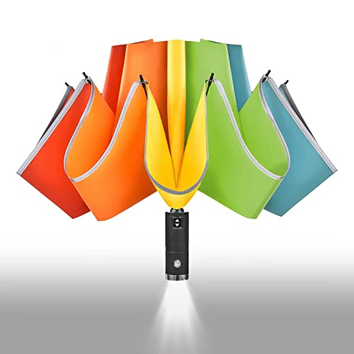 Lejorain Inverted Rainbow LED Umbrella - Folding Reverse Automatic Travel Umbrella Compact for Rain Windproof Women - Portable Upside Down Collapsible Reflective Umbrella